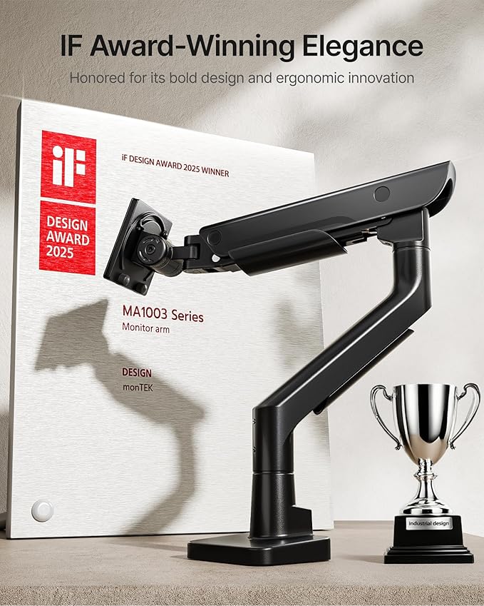 monTEK Sleek Aluminum Monitor Arm for 17–57” Ultrawide Screens up to 59 lbs, USB 3.0 A/C, Heavy Duty Single Monitor Arm Desk Mount, Pneumatic Lift, Quick-Release Plate, Clamp/Grommet, VESA 100x100