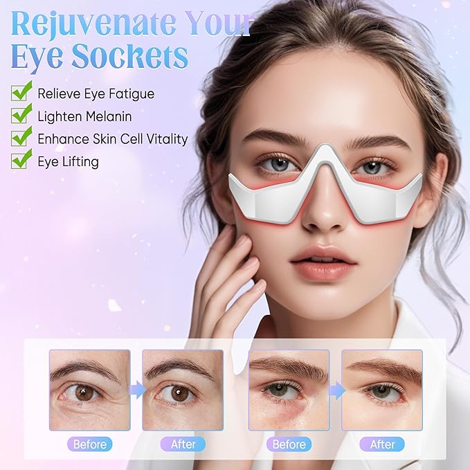 Under-Eye Light Therapy Device, Beauty Device with Eye Massage for Relieve Eye Bags, Eye Fatigue, Dark Circles, with Gel and Glasses Strap (White)
