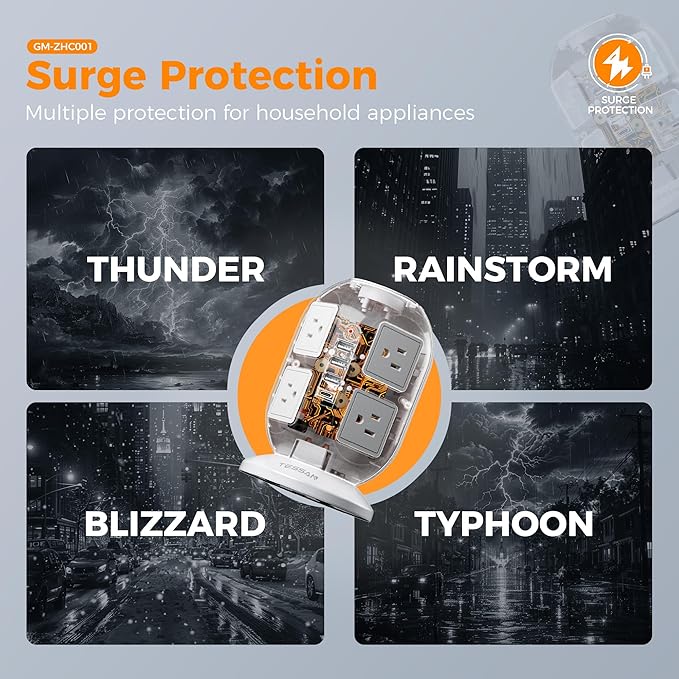 Tower Power Strip Surge Protector 10 Ft, TESSAN Flat Plug Extension Cord with Multiple Outlets, 8 AC Outlets, 4 USB Ports, 1 Built-in USB Cable, Desk Charging Station for Home Dorm Office