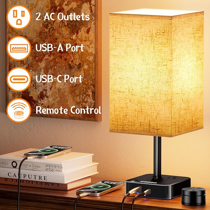 Bedroom Table Lamp with Remote Operation Control,Dimmable Bedside Table Desk Lamps with USB C+A Charging Ports 2 AC Outlets,Nightstand Lamp Flaxen Shade Lamp for Living Room,Dorm,Home Office,Decor
