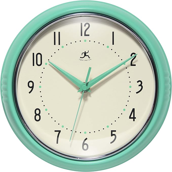 Infinity Instruments LTD. Retro 9 inch Silent Sweep Non-Ticking Mid Century Modern Kitchen Diner Wall Clock Quartz Movement Retro Wall Clock Decorative (Mint Green)