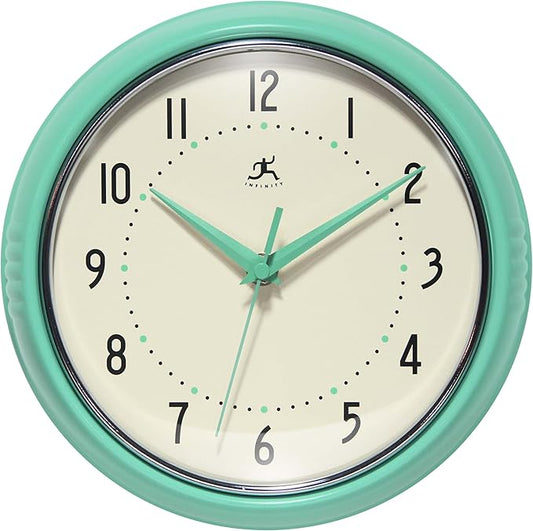 Infinity Instruments LTD. Retro 9 inch Silent Sweep Non-Ticking Mid Century Modern Kitchen Diner Wall Clock Quartz Movement Retro Wall Clock Decorative (Mint Green)