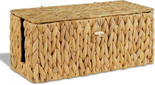 efluky Hand-Woven Cable Management Box with Lid, Water Hyacinth Cord Organizer Box to USB Wire, Power Strip & Charger, 2 Open Slots Cable Box for TV Table, Office Desk & Floor, Natural