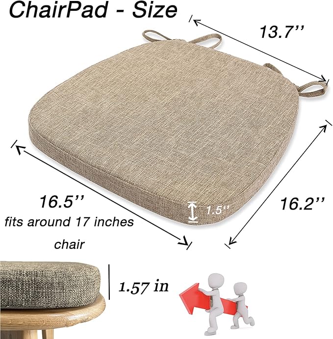 Chair Cushion with Ties for Dining Chairs - Memory Foam Non Slip Kitchen Chair Pad and Dining Seat Cushion with Machine Washable Cover Set of 4 [16.5 x 16.2 Inches] - Dark Beige