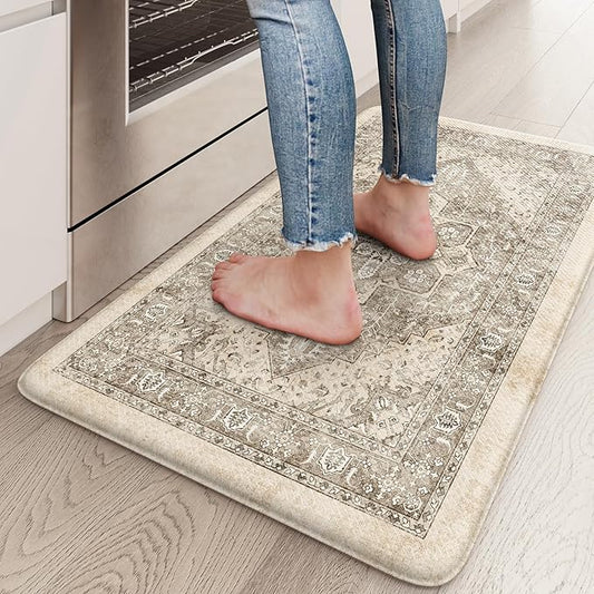 KIMODE Anti Fatigue Kitchen Mat for Floor, Boho Vintage Kitchen Rug, Non Slip Waterproof Kitchen Floor Mat, Ergonomic Cushioned Standing Mat for Sink, Laundry, Desk Khaki 17.3"x29"