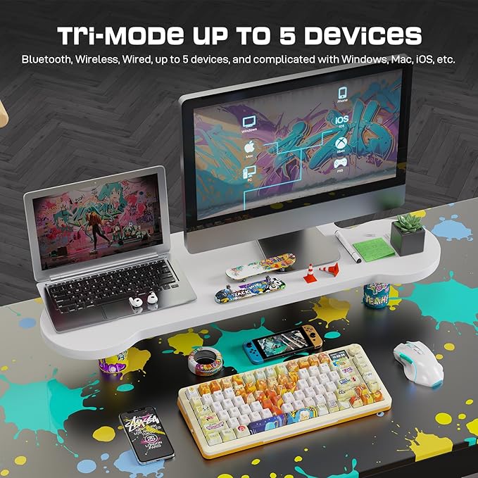 Redragon Wireless Mechanical Gaming Keyboard - Gasket-Mounted RGB Backlit, Custom Keys, 3-Mode(Bluetooth/2.4G/USB), Hot-Swap Pre-Lubed Switches, Screen & Control Knob - Doodle Style