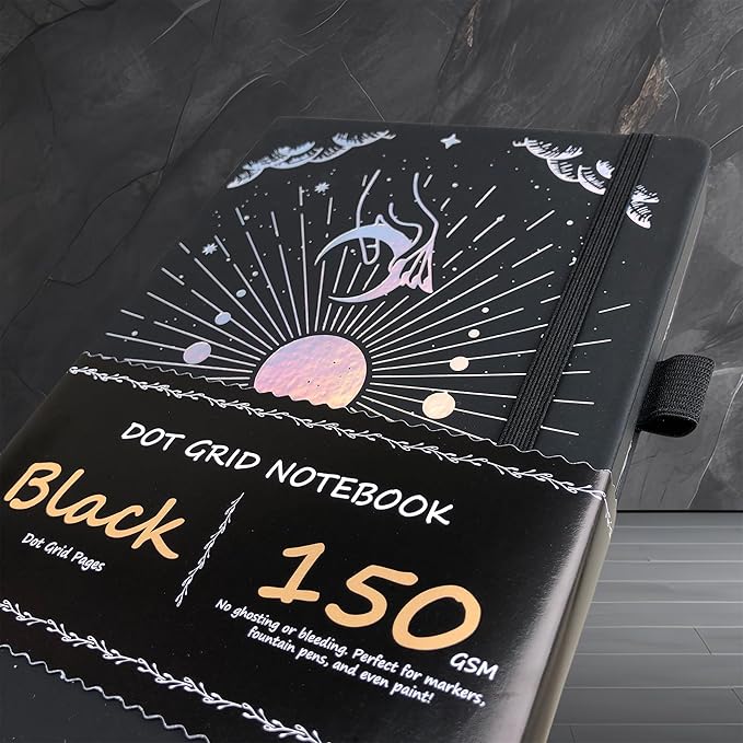 BUKE Dotted Journal - 150gsm Black Paper - 5 * 5mm DOT GRID Layout 160 Pages - A5 Size PU Leather Hardcover Drawing Sketch Notebook (Black)