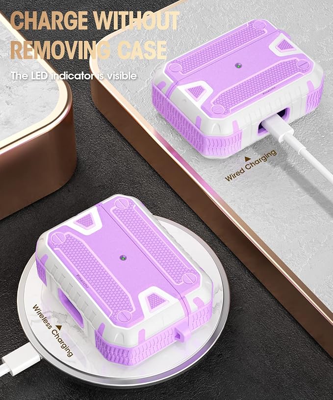 Koaichi Compatible with AirPods Pro(2nd Generation/1st Generation), Full-Body Rugged Hard Shell Protective Case Cover with Keychain Designed for AirPods Pro (2022/2019), Purple/White
