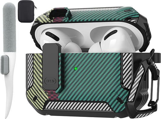 Maxjoy AirPods Pro 2nd/1st Generation Case Cover with Lock, AirPods Pro 2 Protective Case with Keychain Compatible with Apple AirPod Pro2 2023 USB C 2022 Lightning Cable/ Pro1 2019, Carbon Fiber Green