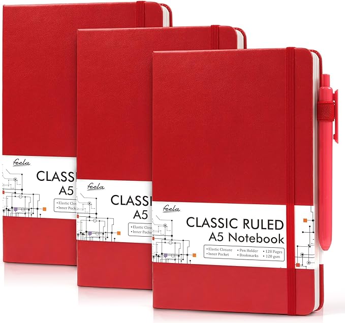 feela 3 Pack Notebooks Journals Bulk with 3 Black Pens, A5 Hardcover Notebook Classic Ruled Lined Journal Set with Pen Holder for Work Business Journaling Note Taking, 120 GSM, 5.1”x8.3”, Red