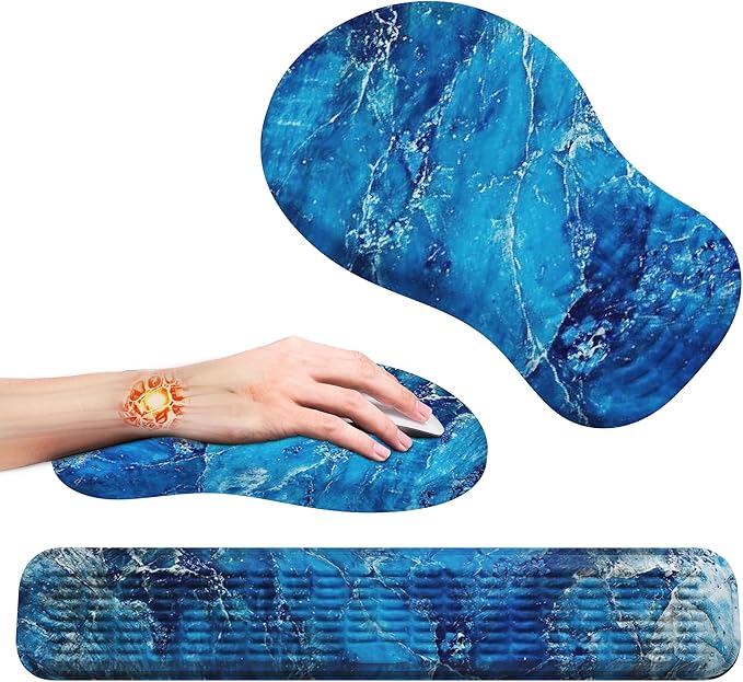 MEKASS Ergonomic Mouse Pad and Keyboard Wrist Rest Set, Super Soft Memory Foam Desk Wrist Support for Computer Keyboard, Non-Slip Arm Palm Rests Cushion for Typing Gaming Office (Dark Blue Marble)