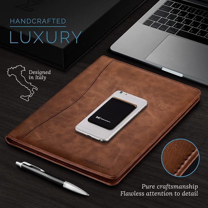 Leather Portfolio Folder - Business PU Leather Notepad Holder for Resumes, Legal Pad Executive Binder, Professional Padfolio Notebook for Women/Men (Brown)