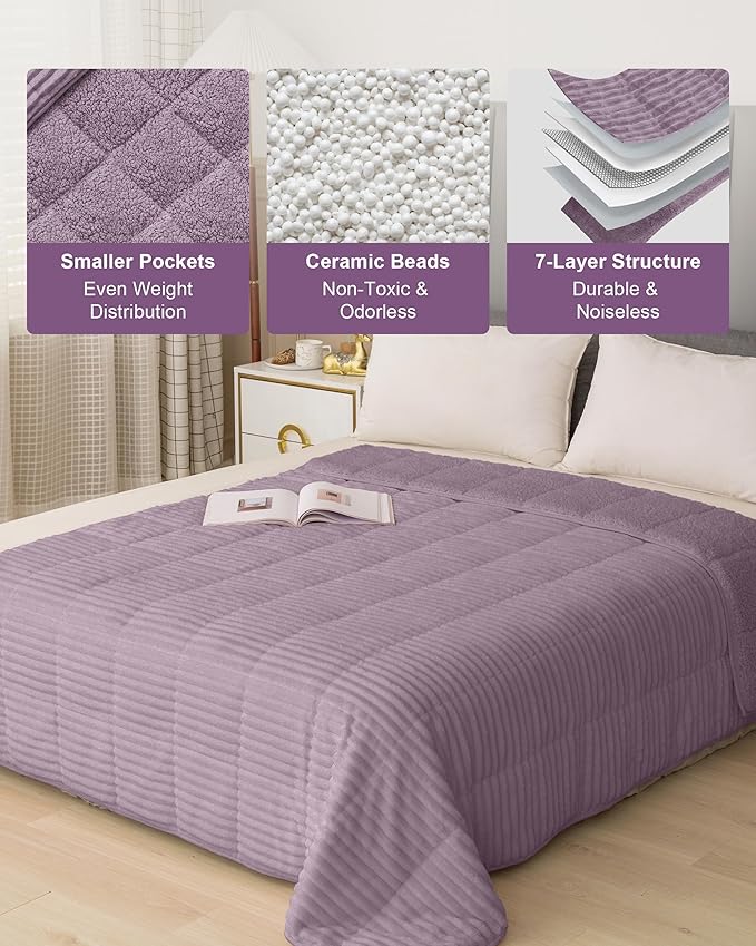 Sherpa Fleece Adult Weighted Blanket 20lbs with Ribbed Stripes, Dual Sided Fuzzy Warm Blanket for Couch Bed Sofa, Heavy Thick Blankets with Ceramic Beads Great for Sleep, Light Purple, 60" x 80"