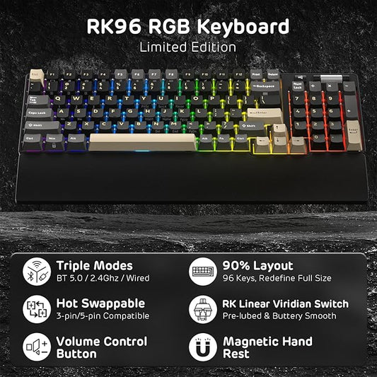 RK ROYAL KLUDGE RK96 RGB Limited Ed, 90% 96 Keys Wireless 3-Mode BT5.0/2.4G/USB-C Hot Swappable Mechanical Keyboard w/Wrist Rest, Volume Control, Software, Massive Battery, RK Viridian Switch