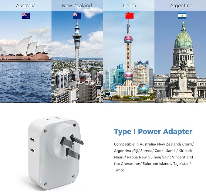 Australia New Zealand Power Adapter, TESSAN Type I Travel Adaptor with 4 American Outlets 3 USB Charger (1 USB C Port), Plug for US to Australian China Argentina Fiji Cook Islands AU
