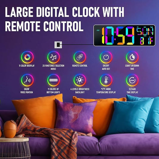 TXL 13.7" Bluetooth Large LED Digital Wall Clock with Night Light, 11 RGB Color Changing, Count Up/Down Timer Clock with Remote Control, Adjustable Brightness Wall Clock for Home, Office, Auto DST.