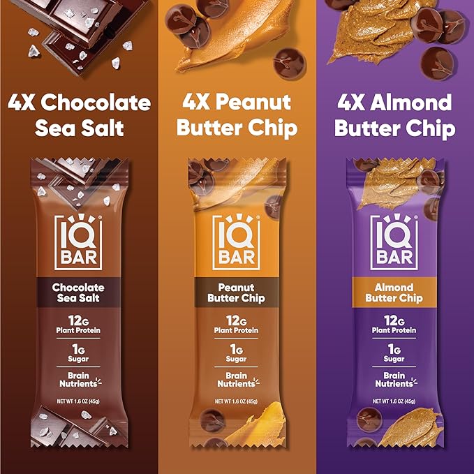 IQBAR Brain and Body Plant Protein Bars - Chocolate Lovers Variety - 12-Count Low Carb - Gluten Free, High Fiber, Vegan Snacks - Low Sugar Meal Replacement