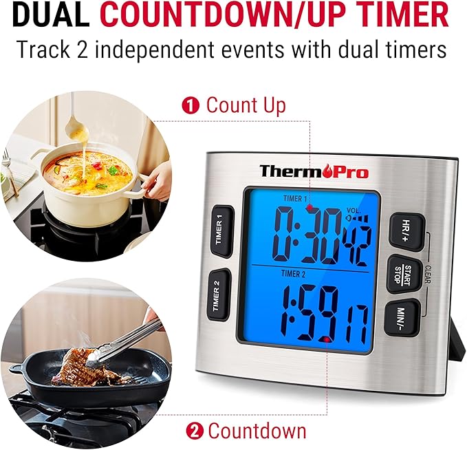 ThermoPro TM02 Digital Kitchen Timer - Dual Countdown Function with Magnetic Backing, Adjustable Alarm & Backlit LCD Display, Ideal for Cooking, Baking and as 24-Hour Shower Clock for Kids