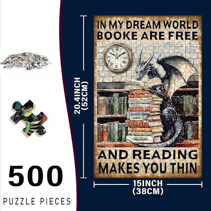 500 Piece Wooden Jigsaw Puzzle in My Dream World Books are Free and Reading Makes You Thin Challenging Family Game Night Stress Relief Educational Toy Perfect Home Decor 20.4x15 Inch