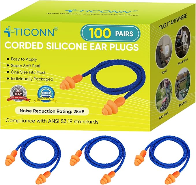 TICONN 100 Pairs Reusable Silicone Ear Plugs for Sleeping Noise Cancelling, 25dB NRR Corded Earplugs for Study Concentration Travel (100 Pairs)