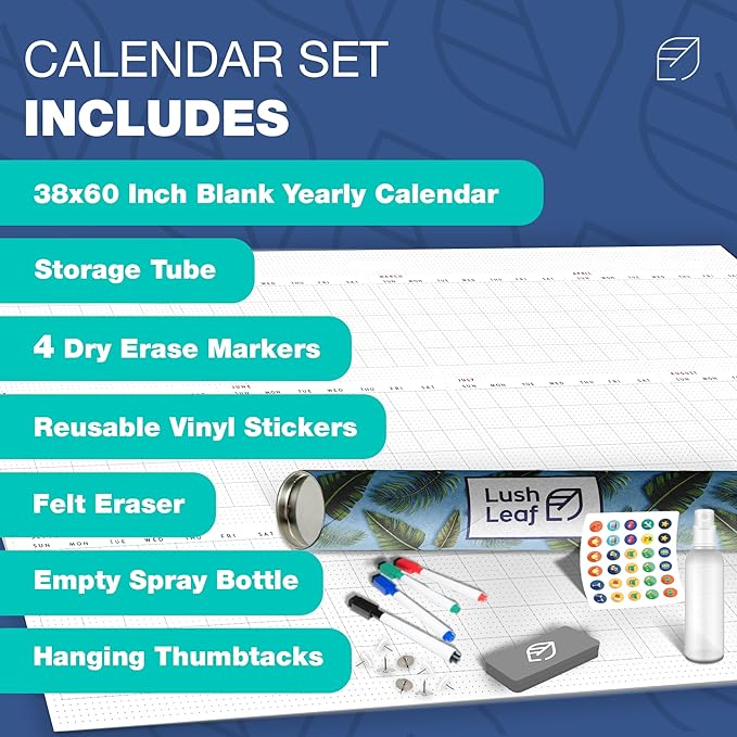 Large Dry Erase Calendar for Wall, 38" x 60" - Undated, Yearly, Reusable - Full 12 Month Year - Includes Markers, Eraser & Accessories