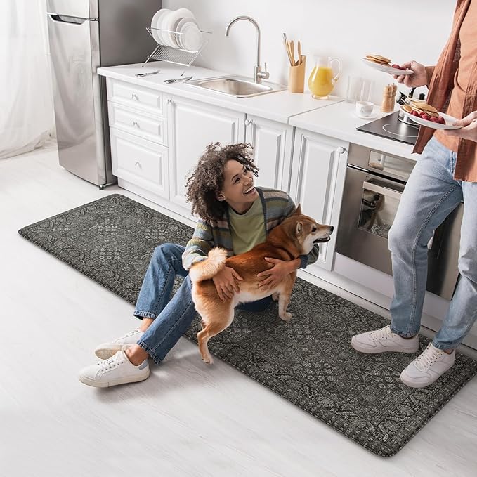 KIMODE Anti Fatigue Kitchen Mats for Floor, 20"x71" Boho Oriental Kitchen Rug, Non Slip Waterproof Kitchen Floor Mats, Memory Foam Kitchen Mat for Sink Laundry Office Desk Green/Grey