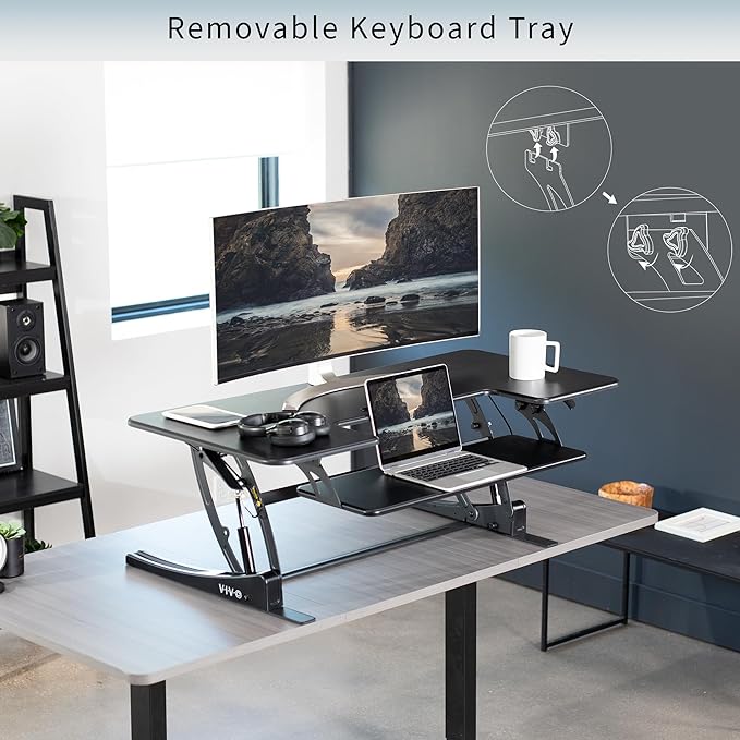 VIVO 48 inch Height Adjustable Large Stand Up Desk Converter, V Series, Quick Sit to Stand Tabletop Dual Monitor Riser Workstation, Black, DESK-V048V