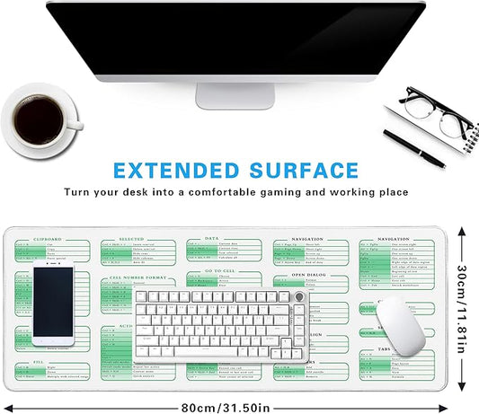 Excel Cheat Sheet Desk Pad, 31.5"x11.8", Waterproof Extra Large Excel Shortcut Mat with Stitched Edges, Anti-Slip Excel Mouse Pad for Office Desk, MS Excel/Word Shortcuts (White Excel)