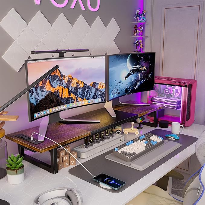 Simple Trending Dual Monitor Stand Riser with 2 USB Charging Ports, Wood Computer Desk Organizer for 2 Monitors, Extra Long TV Stand for Laptop Office, iMac