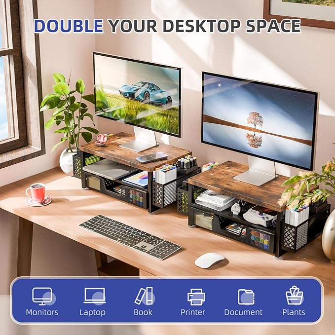 Simple Trending 2 Tier Monitor Stand Riser, Wood Computer Desk Organizer with Drawer and Pen Holder for Laptop Office, iMac, Brown