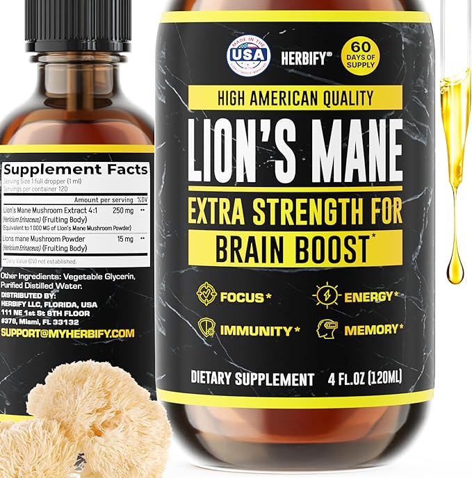 HERBIFY Lions Mane Supplement - Daily Mushroom Supplement for Memory, Focus & Clarity - Brain Booster - Lions Mane Tincture for Immune Support - 4 Fl oz