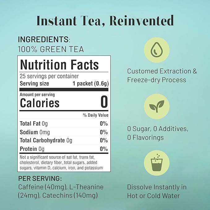 CHAYEAH, Craft Instant Green Tea, Quick Brew Tea Crystals, No Sugar, Natural Caffeine, Hot or Cold (25 Packets)