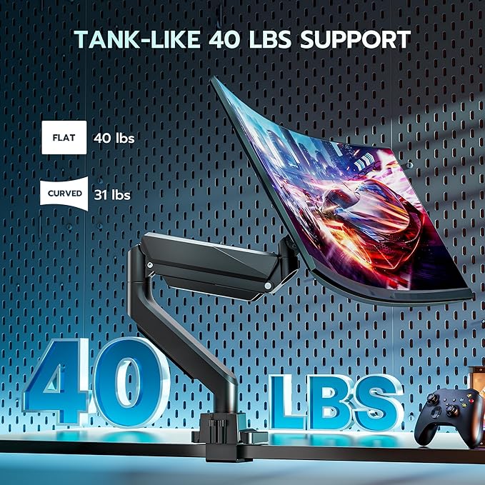 ARES WING Single Monitor Arm, Heavy Duty Adjustable Monitor Arm for 13"-49" Screens with USB, Gas Spring Desk Mount Stand with C Clamp/Grommet Mounting Base up to 40lbs Computer, Black