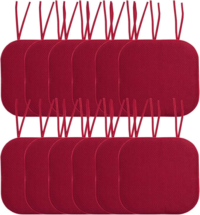 Sweet Home Collection Chair Cushion Memory Foam Pads with Ties Honeycomb Pattern Slip Non Skid Rubber Back Rounded Square 16" x 16" Seat Cover, 12 Pack, Red 12 Pack