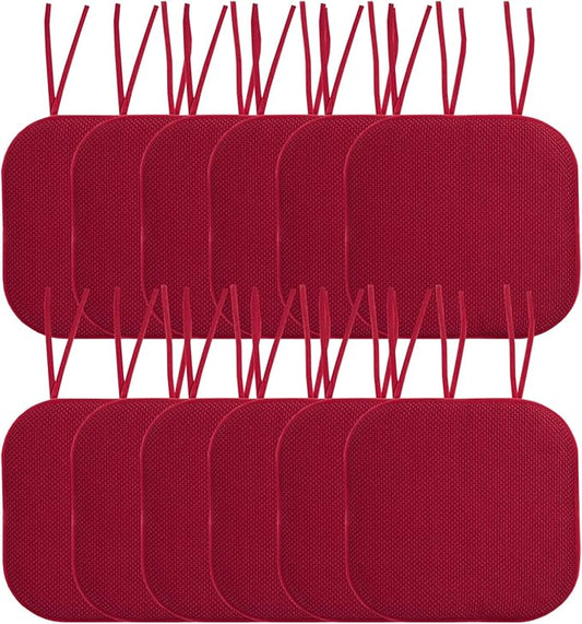 Sweet Home Collection Chair Cushion Memory Foam Pads with Ties Honeycomb Pattern Slip Non Skid Rubber Back Rounded Square 16" x 16" Seat Cover, 12 Pack, Red 12 Pack
