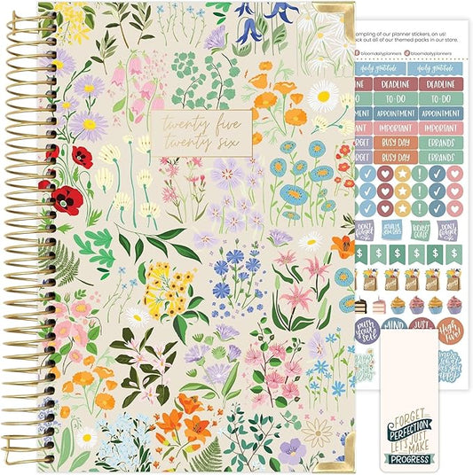 bloom daily planners HARDCOVER 2025-2026 Academic Year Day Planner (July 2025 - July 2026) - A5 Task Goal Organizer - Monthly & Weekly Inspirational Agenda Book - 5.5" x 8.25" - Garden Party, Beige