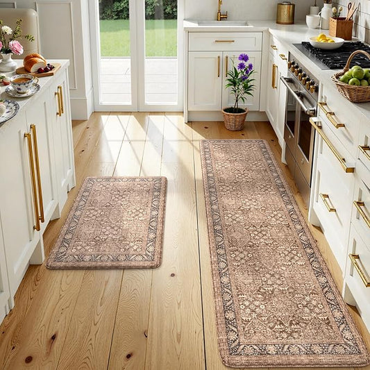 KIMODE Kitchen Mats Cushioned Anti Fatigue, Summer Boho Distressed Kitchen Rugs Sets of 2, Padded Kitchen Floor Mats, Non Slip Standing Mats for Sink Laundry Office Desk Brown 20"x71"+20"x32"