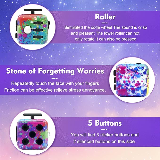 Lollyx Fidget Toy Cube, 6 Sided Stress Relief & Focus Toy for Adults & Kids, 2 Pack Cube Fidget Toys Hand-Held for Adults, Audible/Silent Cube Toys Fidget for ADD/ADHD/OCD