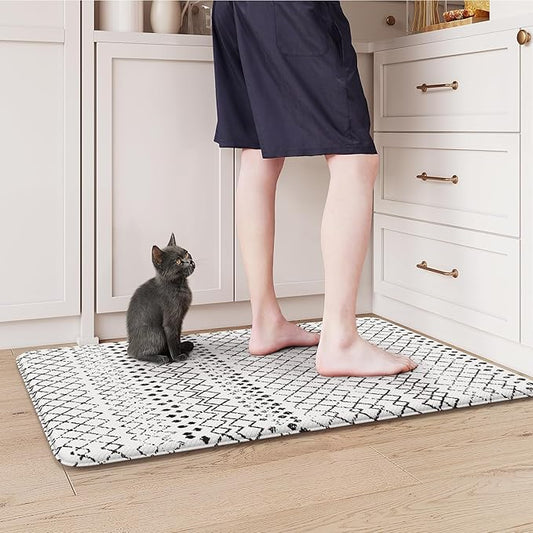 KIMODE Anti Fatigue Kitchen Mat for Floor, Cushioned Farmhouse Kitchen Runner Rug, Non Slip Waterproof Kitchen Floor Mat, Comfort Foam Standing Desk Mat for Laundry Office Sink Black/White 20"x32"