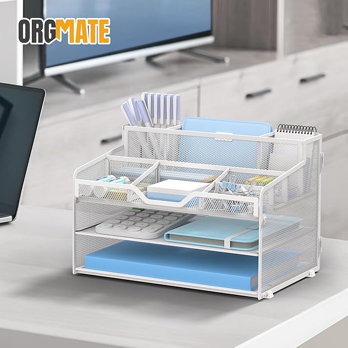 3 Tier Mesh Desk Organizer,Multi Functional Letter Paper Tray with 3 Pen Holders and 5 Adjustable Storage Compartments for Office Supplies Files and Mail Space Saving Desktop Organizer-White