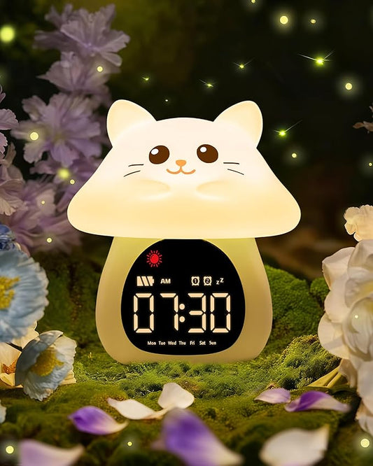 Yiliaw Sleep Training Alarm Clock with Night Light for Kids - Ok to Wake Clock with Dual Alarms, Night Light & RGB Colors, 6 Alarm Tones & White Noise, Rechargeable Clock for Boys & Girls, Cat