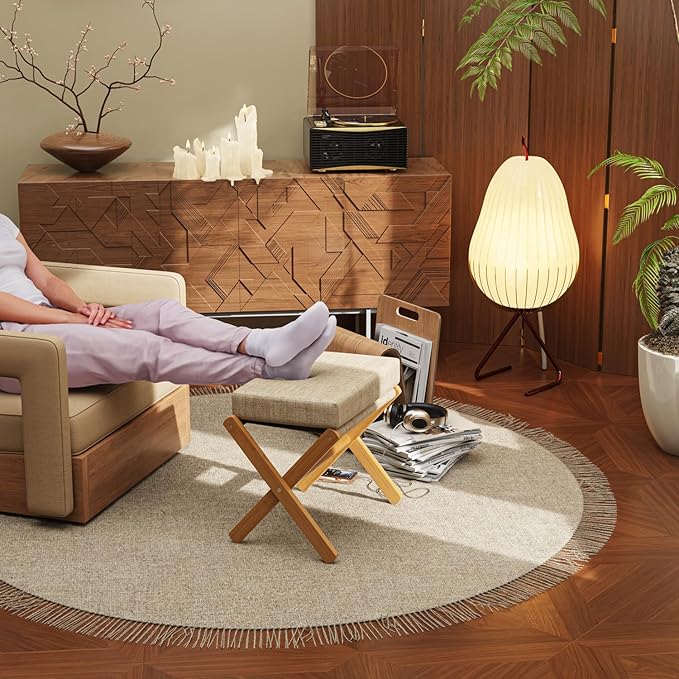 Foldable Foot Stool Ottoman, Modern Foot Rest with Bamboo X Legs & Thick Foam Cushion, Folding Foot Stools Small Padded for Bedroom Living Room, Makeup Vanity Stool Chair (Natural - Brown)