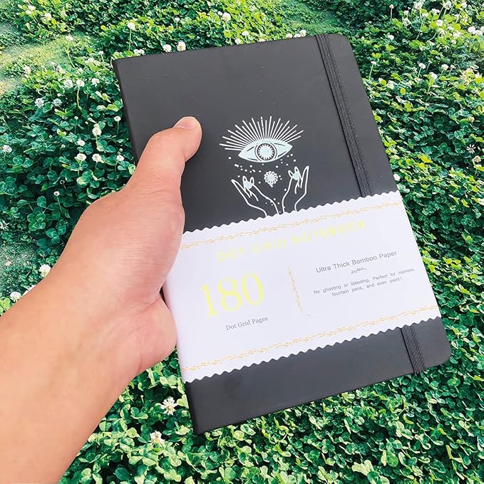 Dotted Notebook Journal 180GSM Bamboo Thick White Paper 160 Pages 5 * 5MM Dot Grid, Lay Flat Binding,Colored Silver Edges, Bookmarks and Expandable Back Pocket (BKP-9)