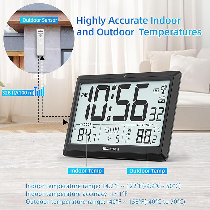 Atomic Clock with Indoor and Outdoor Temperature, Automatic Digital Clock Battery Operated, Large Display Wall Clocks or Desktop Clocks for Livingroom Office Bedroom Kitchen,Black