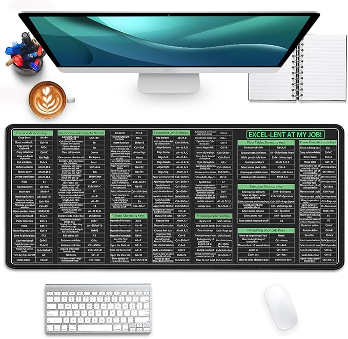 Large Extended Excel Shortcuts Mouse Pad Desk Pad,Excel Software Excel Shortcuts Mouse Mat,Stitched Edges Non-Slip Waterproof Rubber Base Mousepad for Office Desk Mat(27.5X11.8 in)