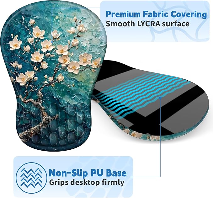 Ergonomic Mouse Pad with Wrist Rest Support, Mousepad with Comfortable Memory Foam Wrist Rest and Non-Slip PU Base for Pain Relief, Computer, Laptop, Office, Home (Plum Plossom)