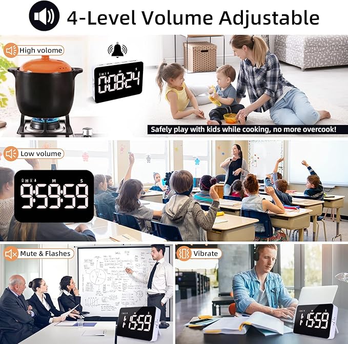 Rechargeable Digital Kitchen Timer for Cooking, Magnetic Timers with Countdown/up, Kids Timer with 5”LED Display 3 Brightness 4 Volume Adjustable for Classroom/Office/Home/Work/Study/Fitness/Game
