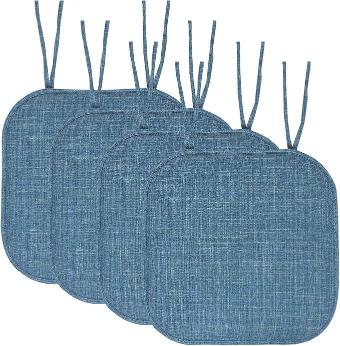 Sweet Home Collection Chair Cushion Memory Foam Pads with Ties Honeycomb Pattern Slip Non Skid Rubber Back Rounded Square 16" x 16" Seat Cover, 4 Pack, Aria Blue