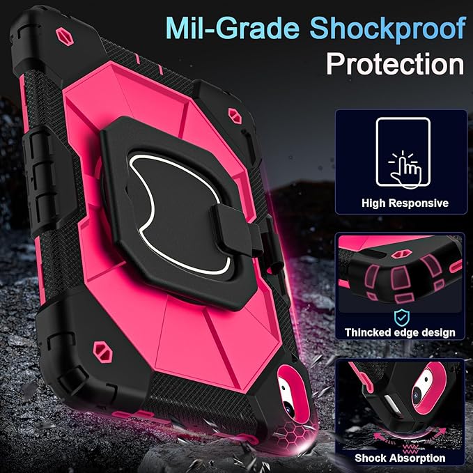 Case for iPad 10th Generation 10.9 Inch/iPad 11 Inch (A16) 2025 11 Inch,10th Generation Case with 360 Rotating Stand Screen Protector,Heavy Duty Shockproof Cover for iPad10th,Black Pink