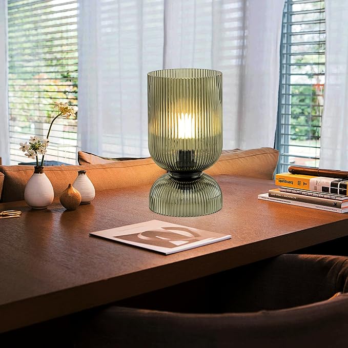 Modern RGB Glass Table Lamp with Remote，Color Changing Bedside Lamp with Green Glass Shade, 16 Colors, On/Off Cord Switch, Nightstand Lamp for Bedroom, Living Room, Office,Bulb Included